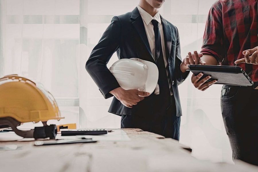 Técnicos con casco revisando una obra
